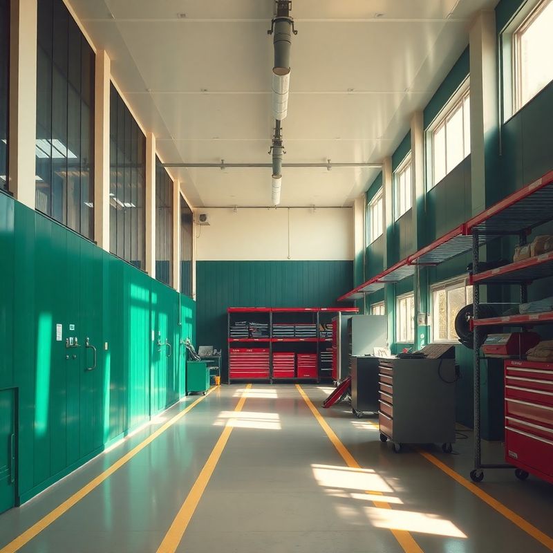 Interior amplo e organizado da oficina, com painéis verde-floresta e luz natural