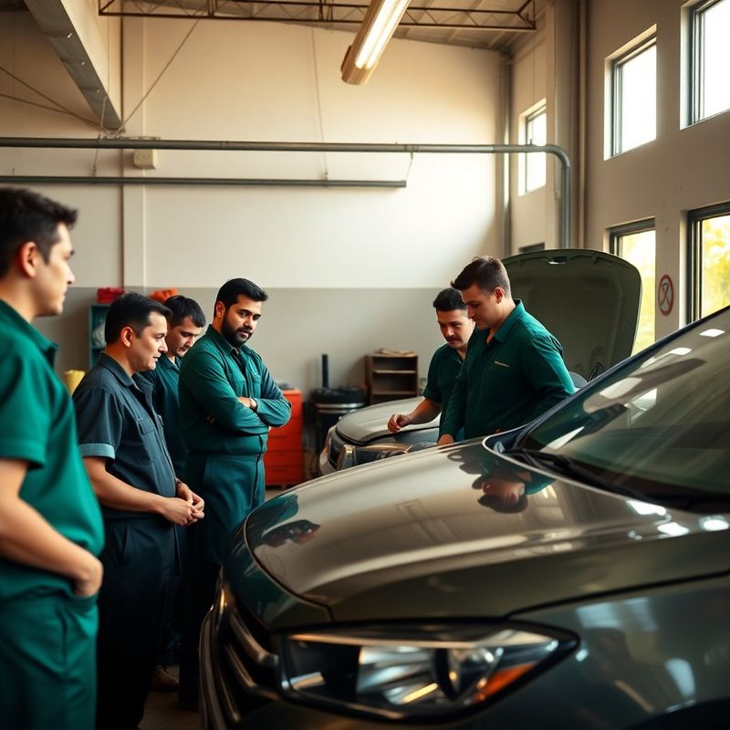 Equipe de mecânicos em uniforme verde-floresta reunida ao redor do capô de um carro