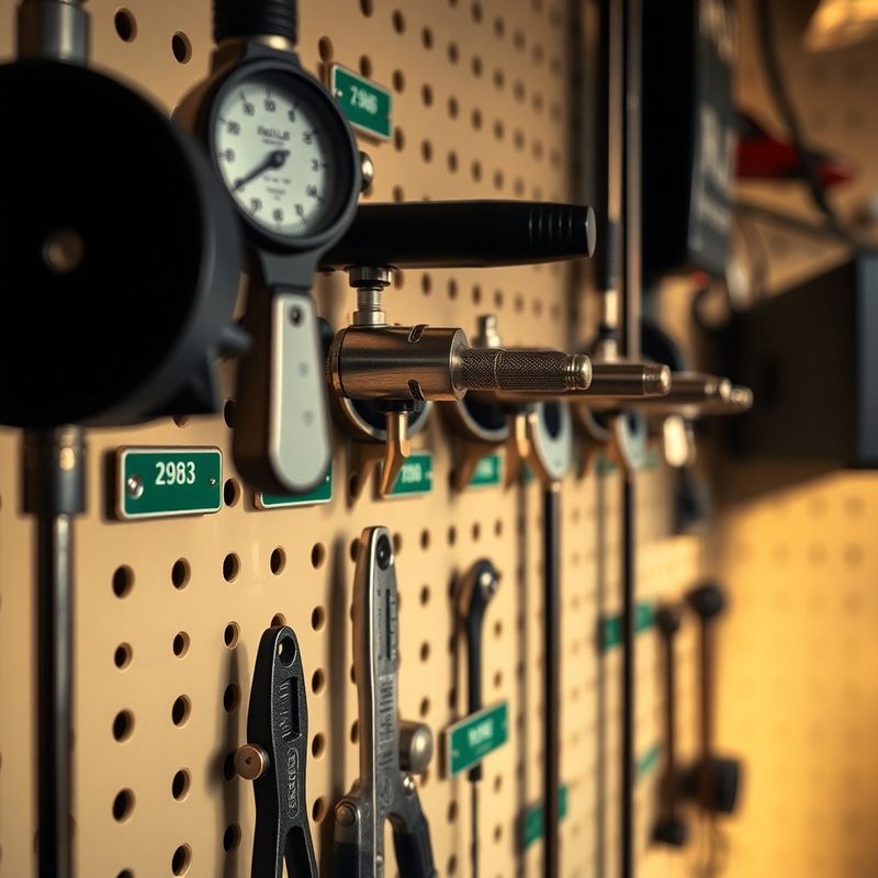 Ferramentas calibradas organizadas em pegboard creme com etiquetas verdes